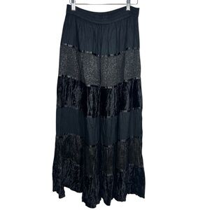 Vtg Black Velvet Patchwork Tiered Maxi Skirt Sz M Goth Witchy Grunge whimsigoth